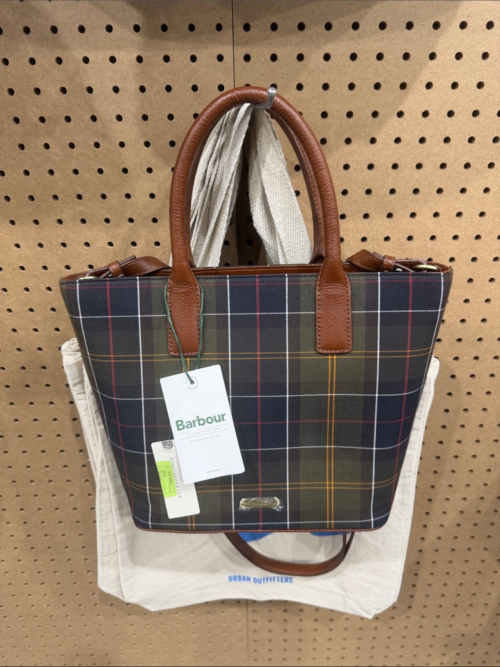Barbour Olive & Navy Tartan Tote with Brown Leather Handles